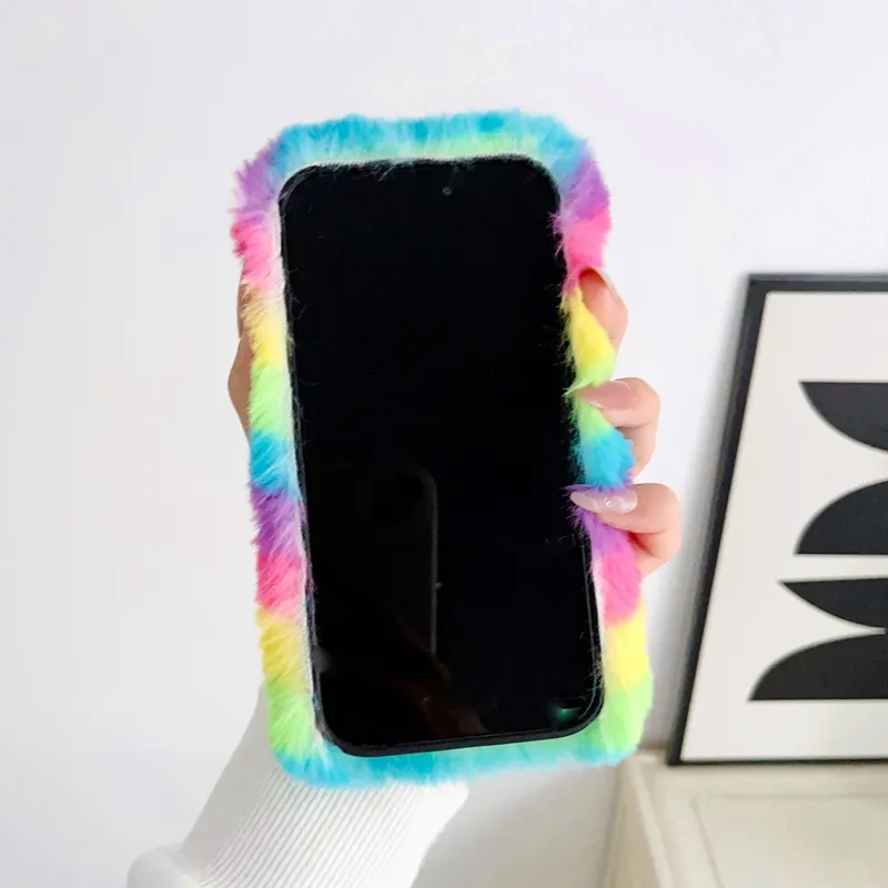 Love Heart Stripes Fluffy Fur Cases For Iphone 15 14 Pro Max 13 12 11 XR XS X 8 7 Plus Rainbow Soft TPU Animal Bling Diamond Genuine Rabbit Hair Cover Cute Fashion Strap