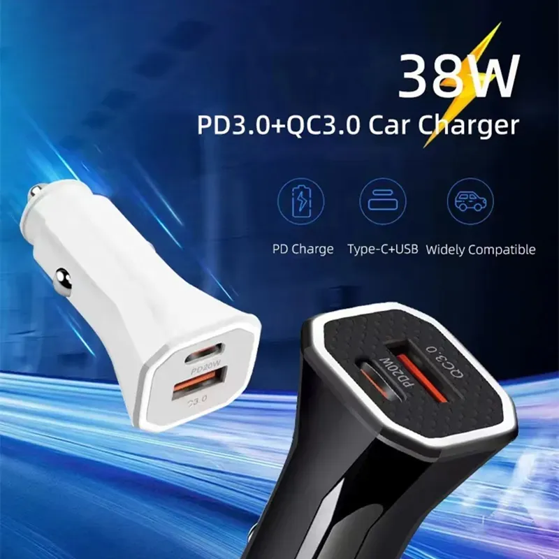 Dual Ports Car Charger Quick Charge USB C 38W Type C PD Fast USB Chargers For iPhone Xiaomi huawei Samsung Cell Phone Chargers with box