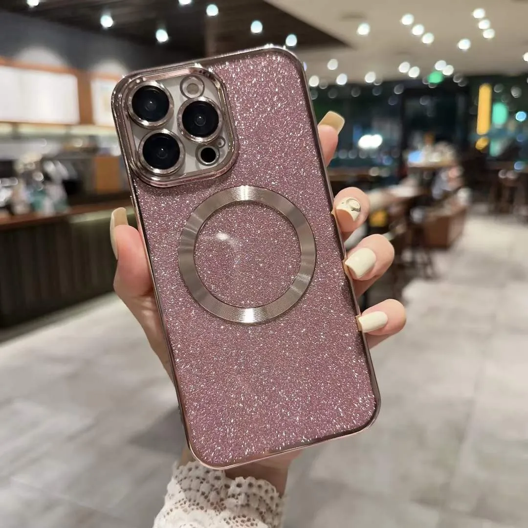 Luxury Magnetic Phone Cases For Iphone 15 14 Pro Max Plus 13 12 11 Paper Bling Glitter Metallic Sparkly Sparkle Plating Soft TPU Fine Hole Camera Lens Protectors Cover