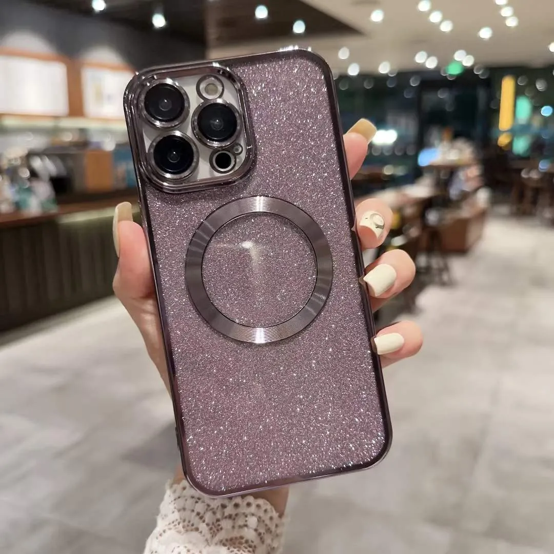 Luxury Magnetic Phone Cases For Iphone 15 14 Pro Max Plus 13 12 11 Paper Bling Glitter Metallic Sparkly Sparkle Plating Soft TPU Fine Hole Camera Lens Protectors Cover