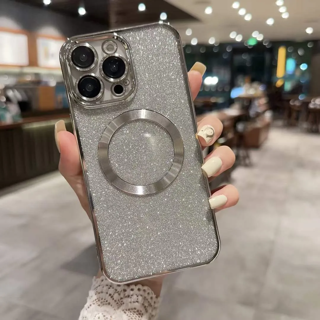 Luxury Magnetic Phone Cases For Iphone 15 14 Pro Max Plus 13 12 11 Paper Bling Glitter Metallic Sparkly Sparkle Plating Soft TPU Fine Hole Camera Lens Protectors Cover