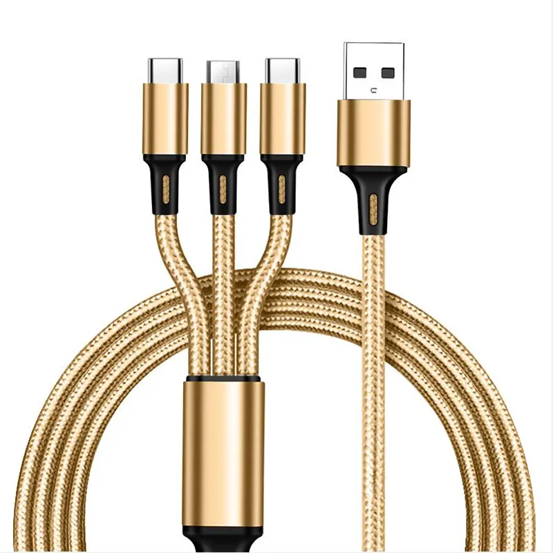 Cell Phone Cables 1.2M 3 in 1 Charging Cables For iPhone HuaWei Samsung Note20 S20 Micro USB Type C With Metal Head Plug 