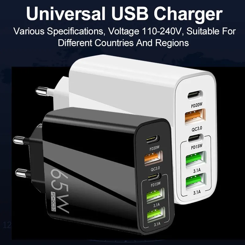 65W PD USB Type C Charger Quick Charge 3.0 5 Port Phone Charger Adapter For iPhone 12 13 14 Pro max Samsung Xiaomi Huawei Phone Adapter US EU UK plug with box