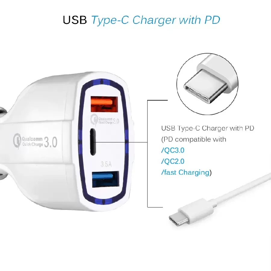 3 in 1 Type-C Dual Ports USB Car Charger AutoPower Adapters Chargers For Ipad Iphone Samsung Android phone with Retail Box