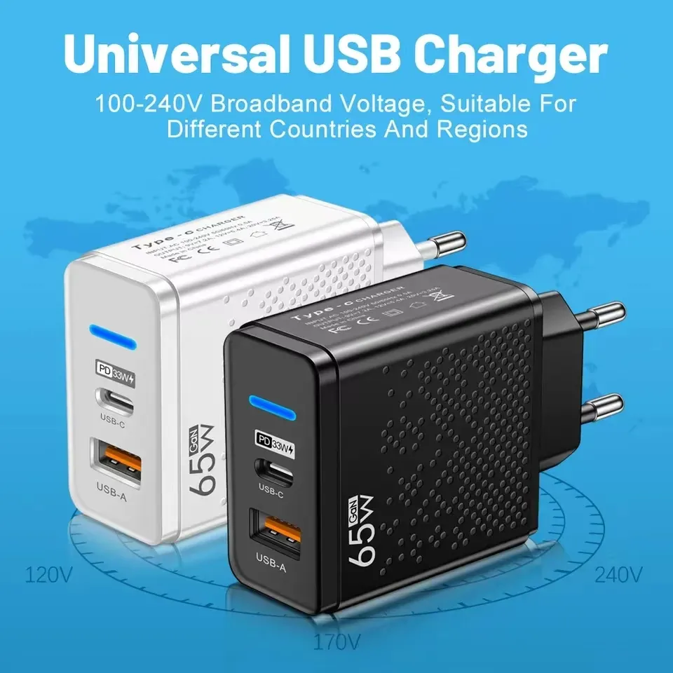 65W USB C Charger PD Type C Fast Charging QC 3.0 Wall Chargers Adapter US EU UK Plugs For Samsung s22 Utral Xiaomi