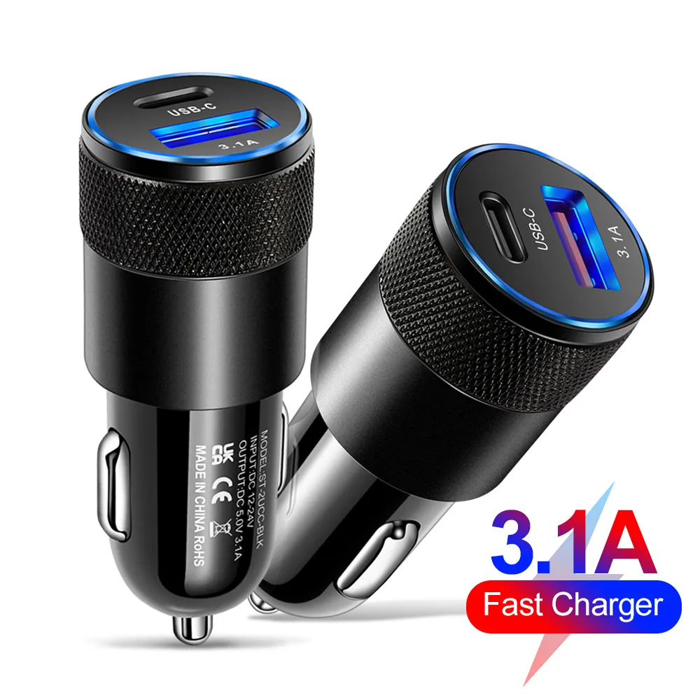 Dual Port PD 15W QC3.0 Quick Charger 3.1A USB Type C USB-C Car Charger Cellphone 20W Adapter For iPhone 15 14 13 12 11 Pro Max Samsung Plus Ipad Mini with OPP bag