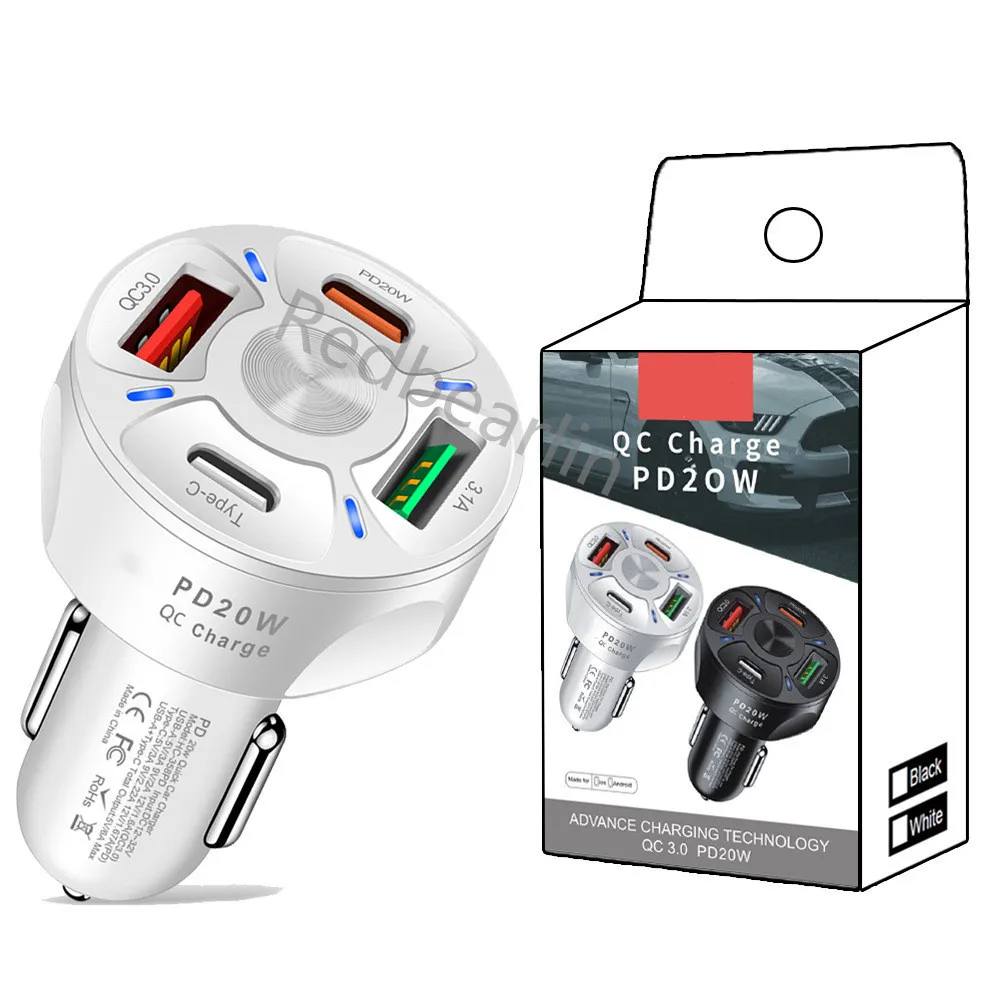 Fast Quick Charing 53W PD Car Chargers 4Usb Ports USB-C Car Charger Power adapters PD20W For IPhone 12 13 14 15 Huawei htc android phone pc