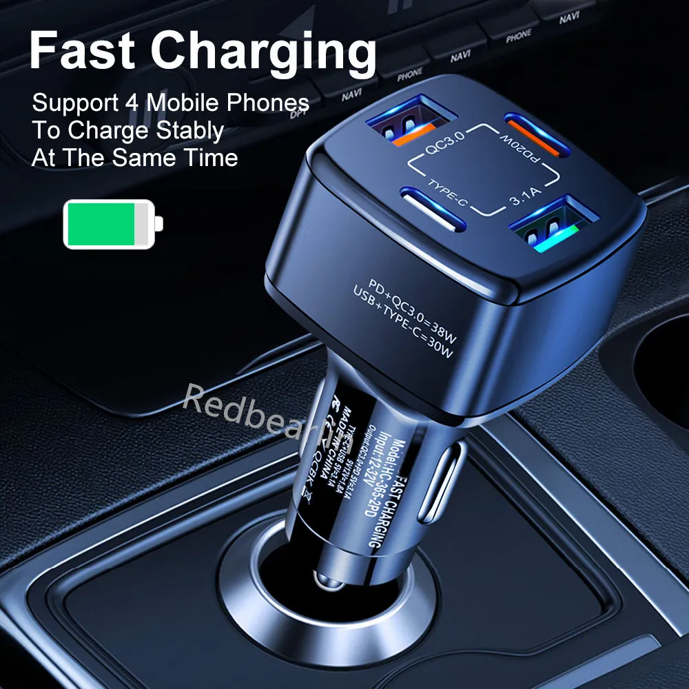 38W Fast Quick Charging PD Car Chargers 4Ports USB-C QC3.0 Car charger Power Adapters For iPhone 13 14 Pro max Samsung Huawei lg android phone with box