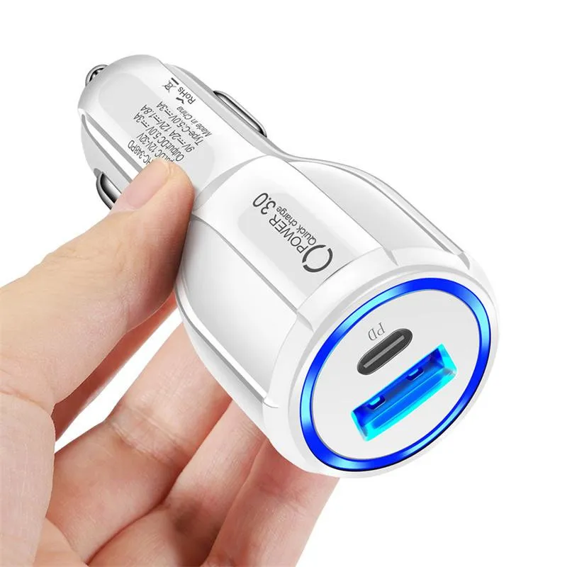 Chargers 18W QC3.0 USB Phone 3A Power Outlet Adapter PD Type-C Fast Car Charger For Xiaomi Samsung iPhone 13 12 11Pro