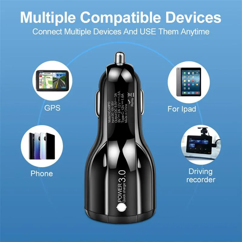 Chargers 18W QC3.0 USB Phone 3A Power Outlet Adapter PD Type-C Fast Car Charger For Xiaomi Samsung iPhone 13 12 11Pro