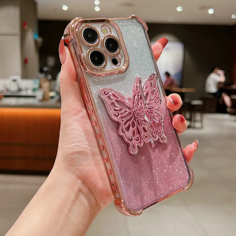 S24 3D Butterfly Holder Bling Glitter Chromed Cases For Iphone 15 Plus 14 13 Pro MAX 12 11 Samsung S23 S22 A55 A35 A25 A15 A54 Love Heart Plating Soft TPU Shockproof Cover