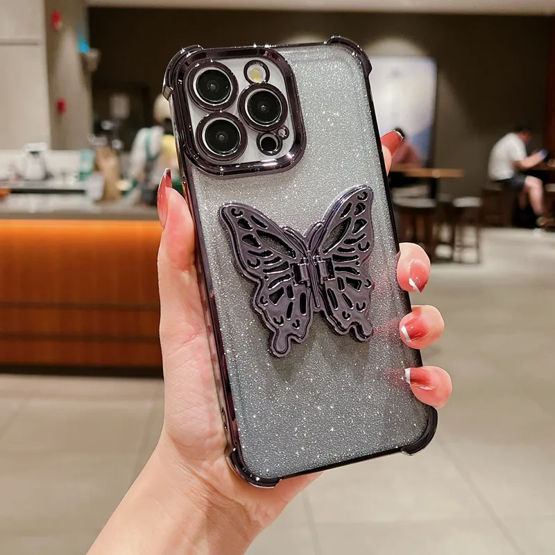 S24 3D Butterfly Holder Bling Glitter Chromed Cases For Iphone 15 Plus 14 13 Pro MAX 12 11 Samsung S23 S22 A55 A35 A25 A15 A54 Love Heart Plating Soft TPU Shockproof Cover