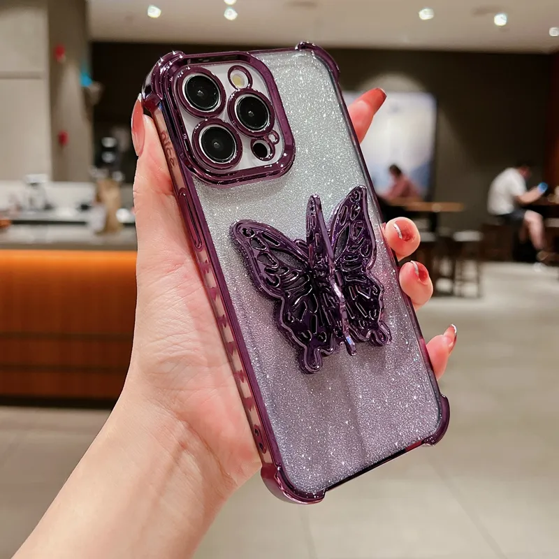 S24 3D Butterfly Holder Bling Glitter Chromed Cases For Iphone 15 Plus 14 13 Pro MAX 12 11 Samsung S23 S22 A55 A35 A25 A15 A54 Love Heart Plating Soft TPU Shockproof Cover