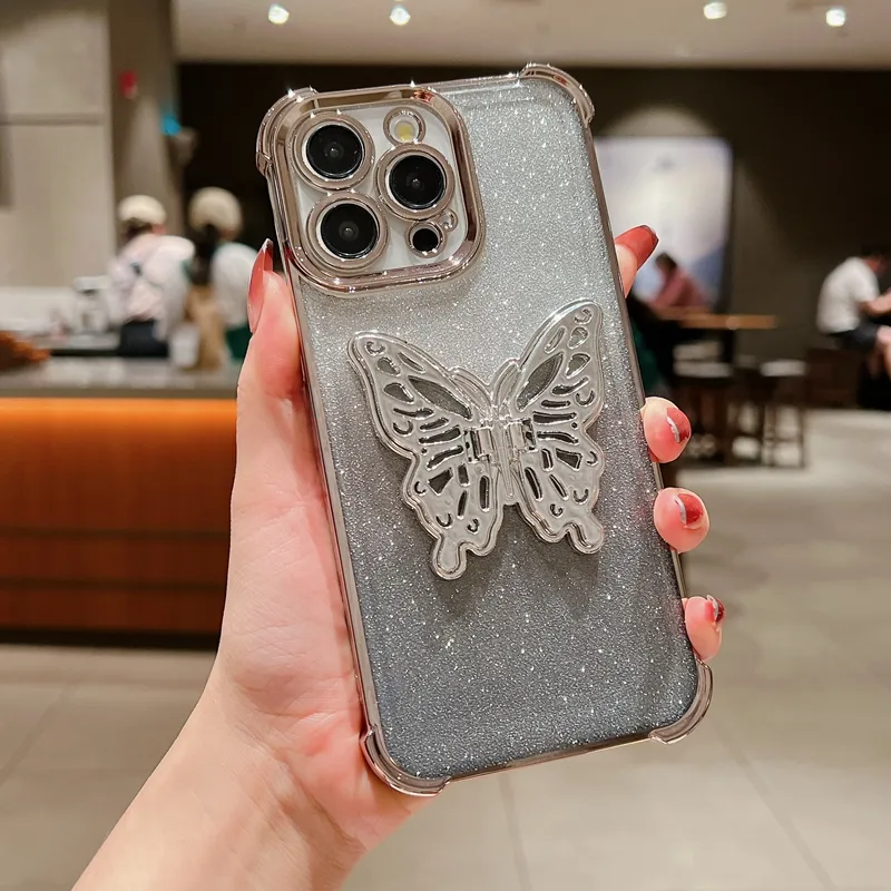 S24 3D Butterfly Holder Bling Glitter Chromed Cases For Iphone 15 Plus 14 13 Pro MAX 12 11 Samsung S23 S22 A55 A35 A25 A15 A54 Love Heart Plating Soft TPU Shockproof Cover