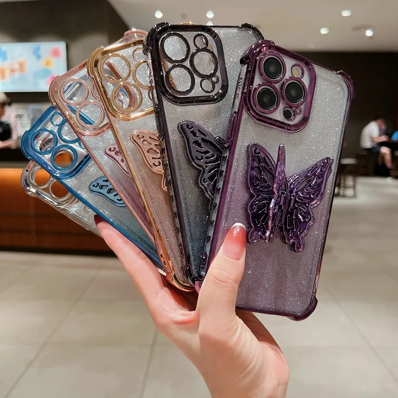 S24 3D Butterfly Holder Bling Glitter Chromed Cases For Iphone 15 Plus 14 13 Pro MAX 12 11 Samsung S23 S22 A55 A35 A25 A15 A54 Love Heart Plating Soft TPU Shockproof Cover