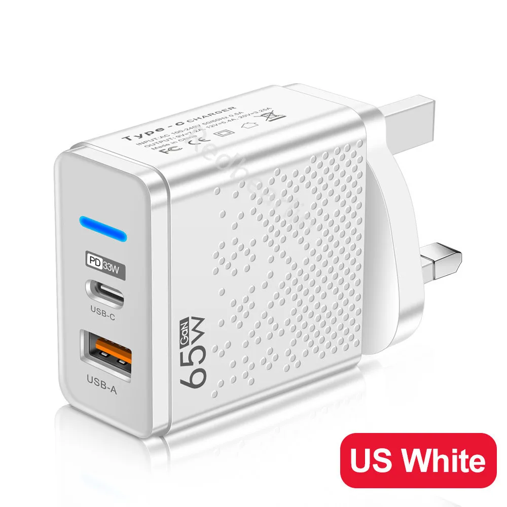 Gan 65W Dual Ports PD USB C Wall Charger QC3.0 48W 33W 12W USB Power Adapters For Iphone 12 13 14 15 Samsung htc lg EU US UK plug