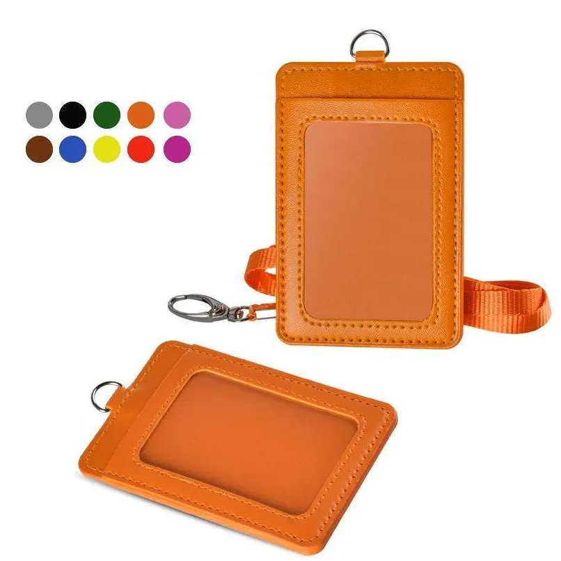 badge holder pu leather case vertical id badge card holders cover wallet case with detachable lanyard strap business bags coloful