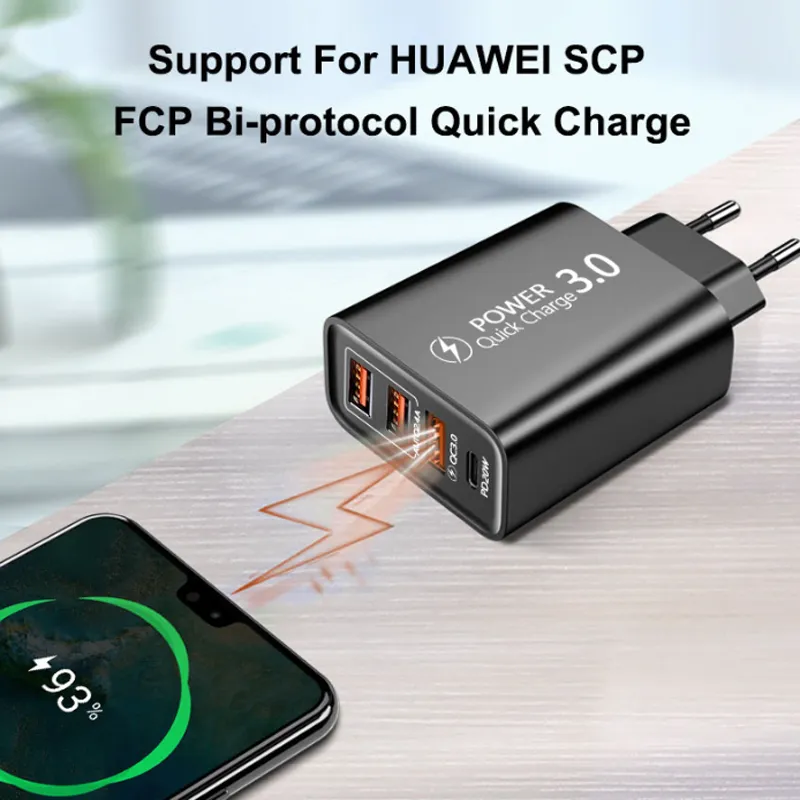 Quick Charge 3.0 USB C Fast Chargers PD 20W Power 3USB PD Home Wall Charging Type C Adapter for IPhone 14 13 12 pro max Samsung