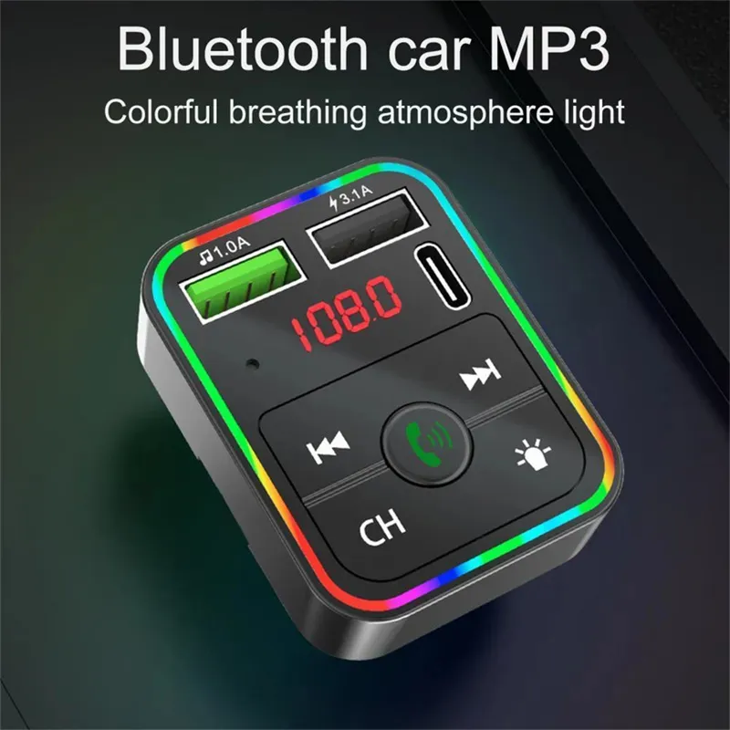 Rainbow LED Car Charger FM Transmitters F2 BT5.0 Dual USB Fast Charging PD Type C Ports Handsfree Audio Receiver Auto MP3 Player for Cellphones