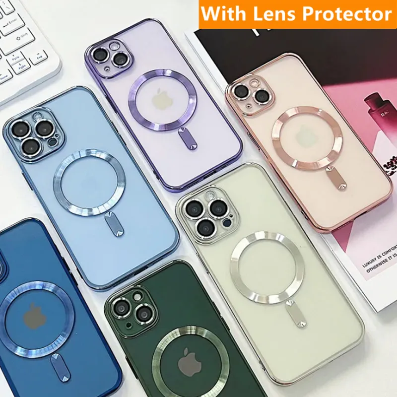 Clear Magsafe Magnetic Cases Soft TPU Silicone Shockproof Cover With Camera Lens Film Protector for iPhone 14 13 12 11 Pro Max Samsung S22 Plus S23 Ultra