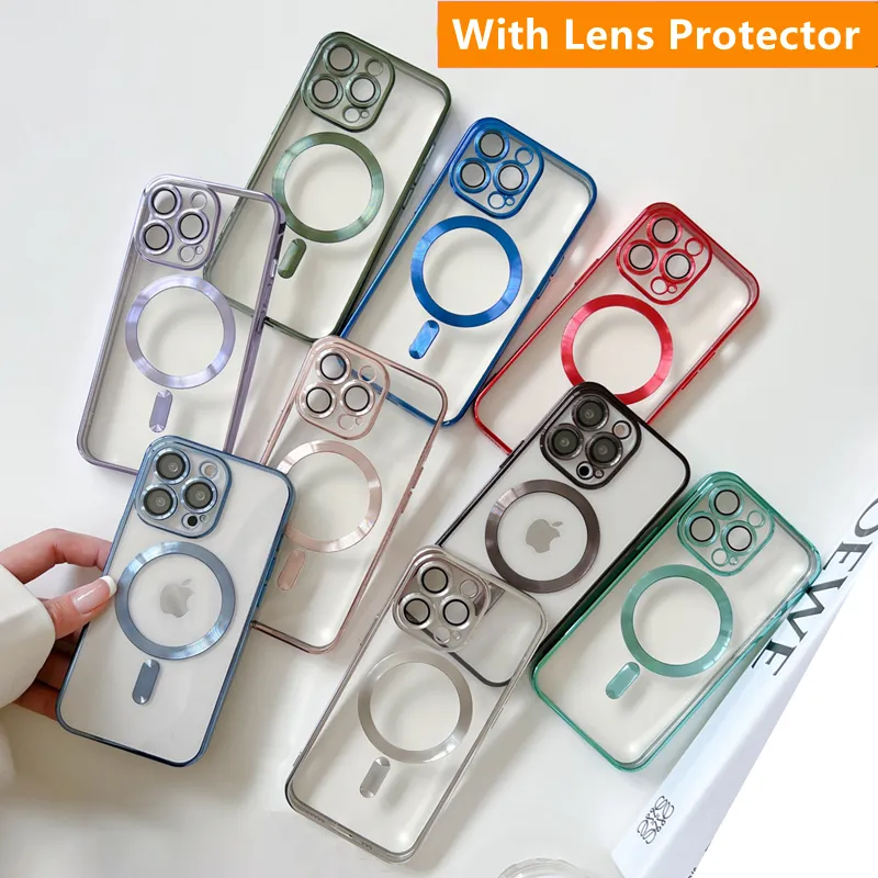 Clear Magsafe Magnetic Cases Soft TPU Silicone Shockproof Cover With Camera Lens Film Protector for iPhone 14 13 12 11 Pro Max Samsung S22 Plus S23 Ultra