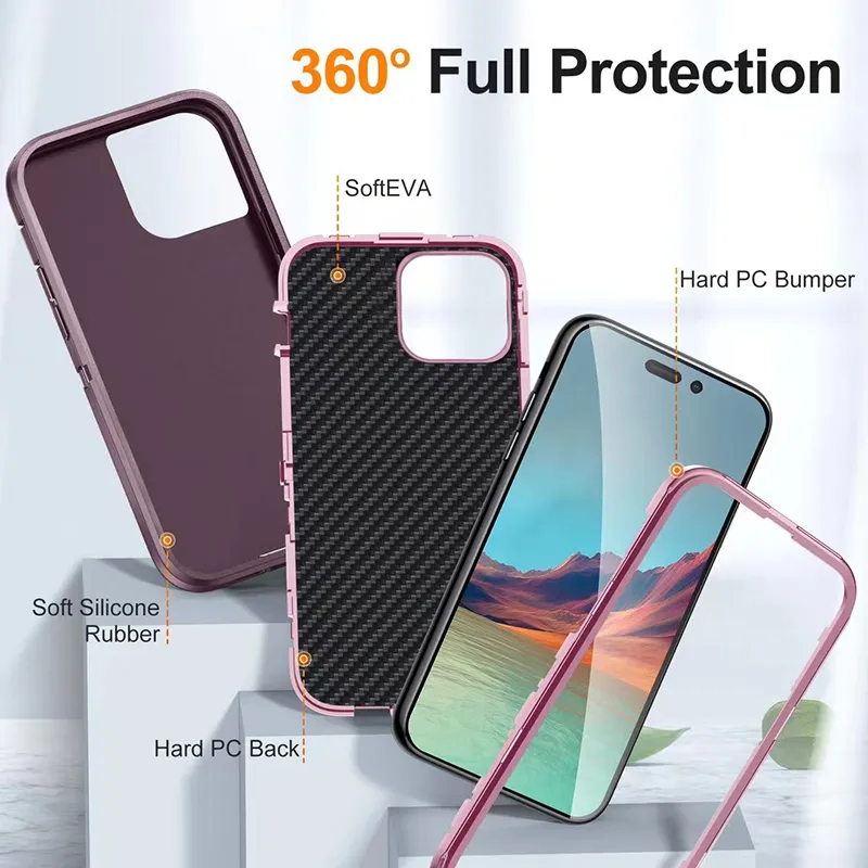 3 in 1 Full Body Protection Cellphone Cover Defender Heavy Duty Shockproof Phone Cases for iPhone 15 14 plus 13 12 11 Pro Max Mini XR XS Samsung S23 S22 Ultra A53 A13 A14 A54