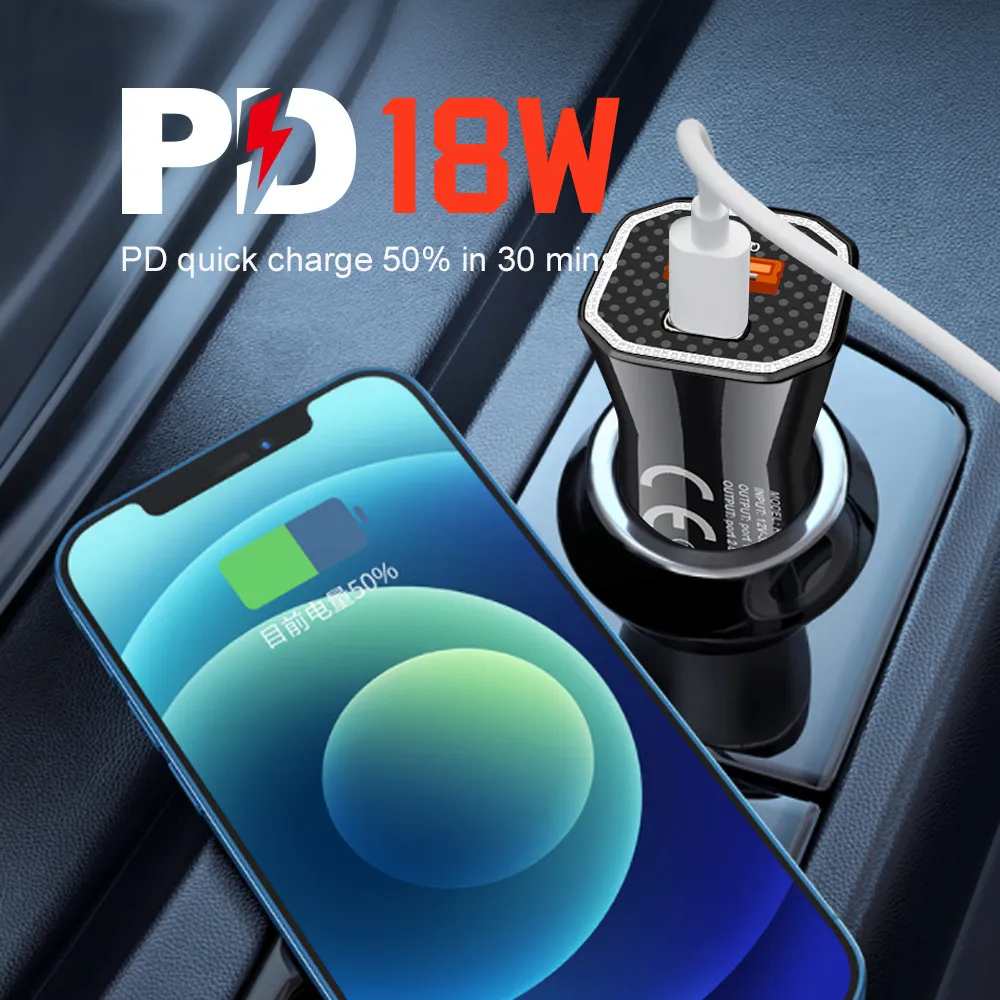 Fast Charging PD Car Charger with usb cable QC 3.0 Dual Port Quick Charge Usb Type C Car Charger for Mobile Phone