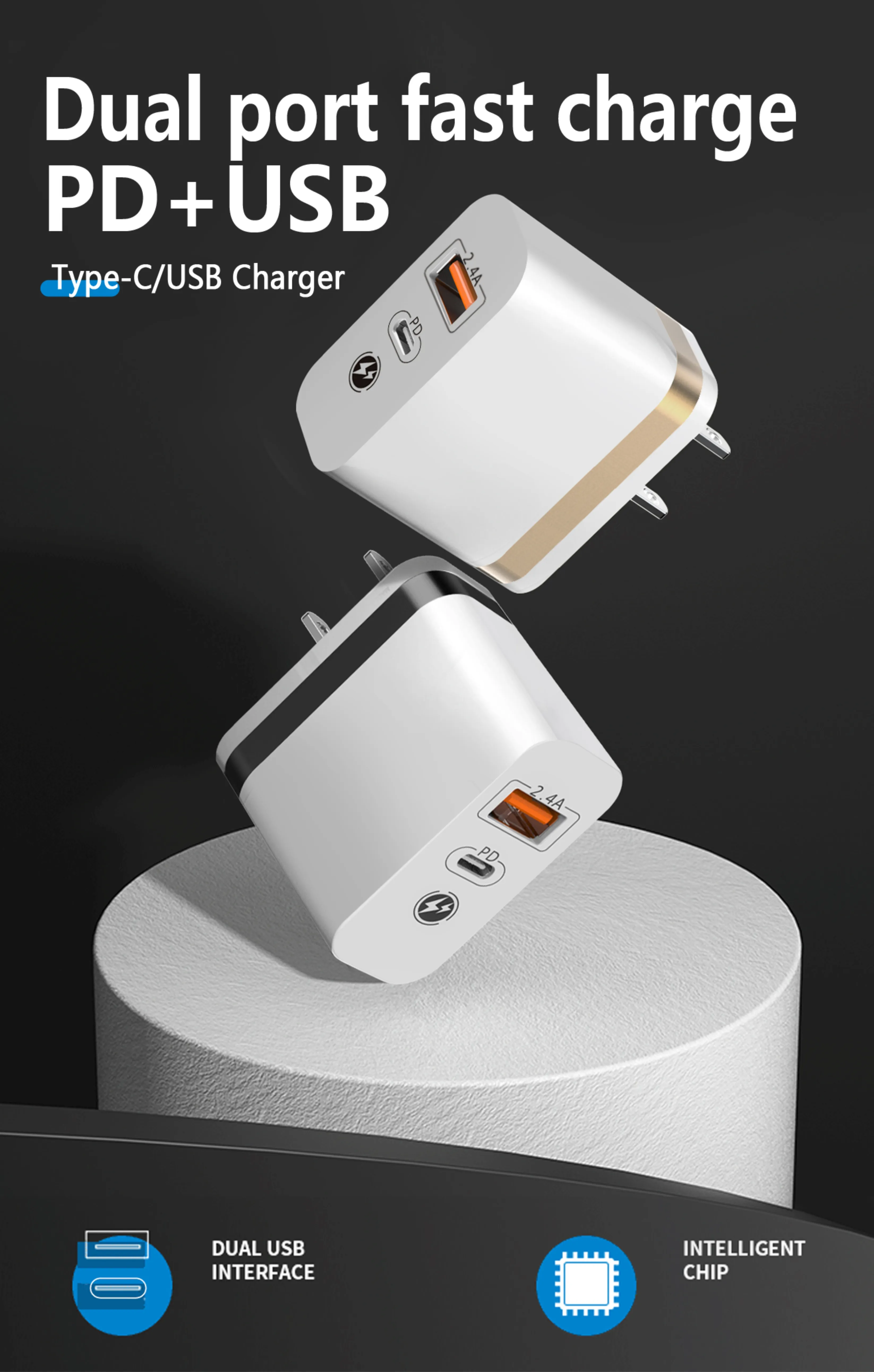 Hot Selling 18W Fast Charging Dual Ports PD Charger USB Wall Charger for Smart Phones