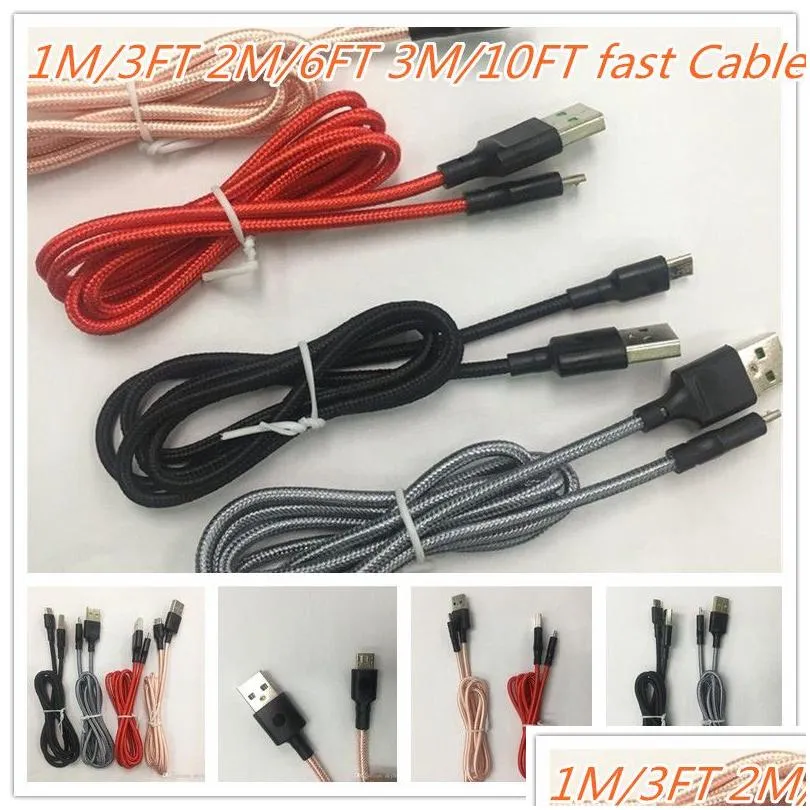 braided cables 1m/3ft 2m/6ft /10ft type c v8 micro usb data sync 2a fast  cable cord weave rope line for universal phone