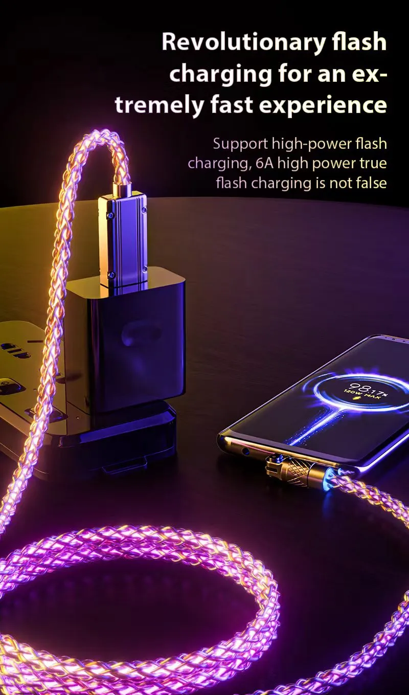 120W Super Fast Charging USB Type C Cable 180° Rotatable RGB Lighting 6A Micro USB Cable For Samsung Xiaomi Oneplus LG Data Cord