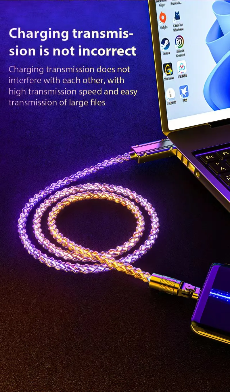 120W Super Fast Charging USB Type C Cable 180° Rotatable RGB Lighting 6A Micro USB Cable For Samsung Xiaomi Oneplus LG Data Cord