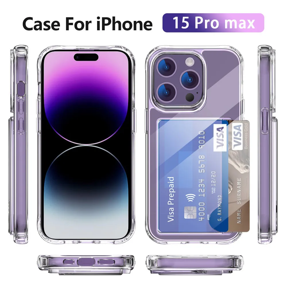 Clear Card Holder 2 in 1 TPU Acrylic Hybrid Slim Fit Wallet Case With Card Slot For iPhone 15 Pro Max 6P 7P 8P X/S XR XS 11 12 114 S10 Note20 S20 S23 Ultra S24