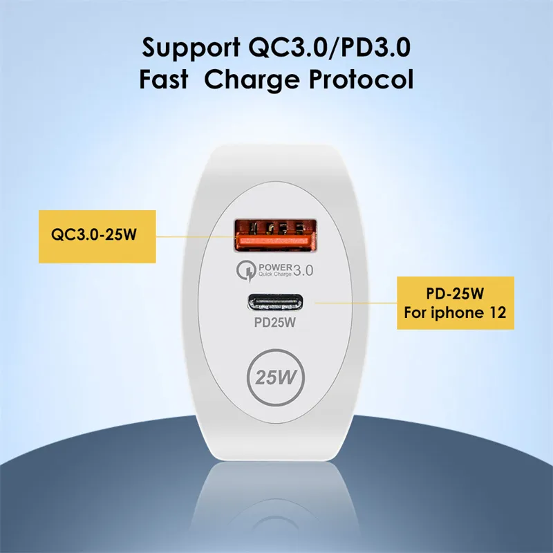 Smart Dual Ports 25W 12W Fast Quick Charge Eu US UK Power adapter Wall Charger Plugs For IPhone 12 13 Mini Pro Max Huawei