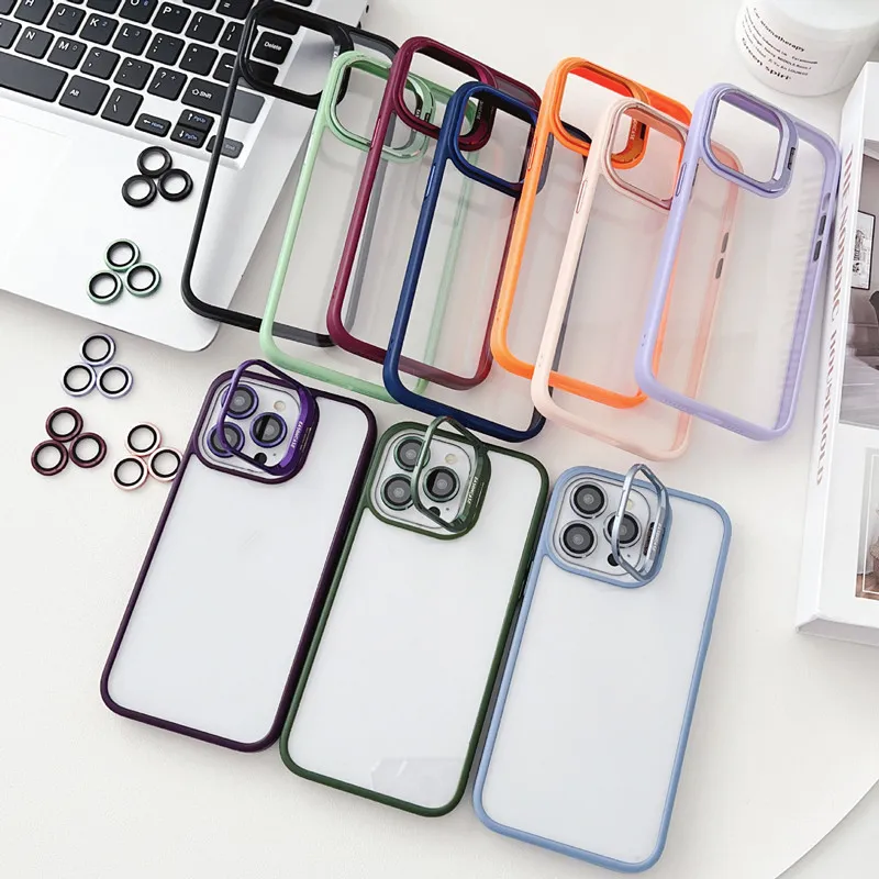 Luxury Alloy Lens Film Protection With Holder Phone Case For iPhone 12 13 15 Pro Max 15 14 Plus Acrylic Transparent Back Cover