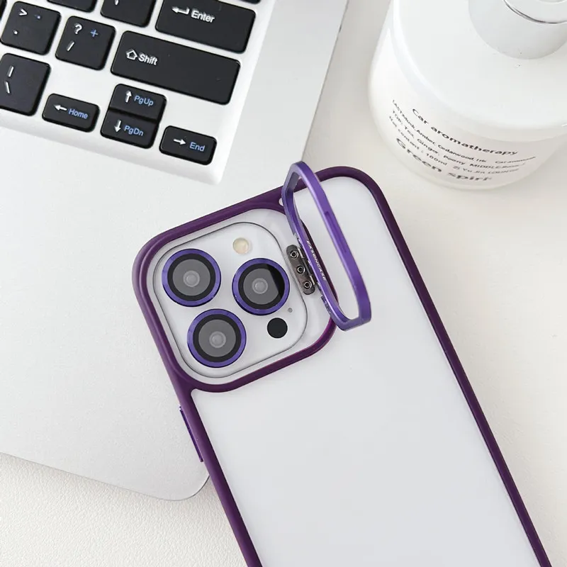 Luxury Alloy Lens Film Protection With Holder Phone Case For iPhone 12 13 15 Pro Max 15 14 Plus Acrylic Transparent Back Cover