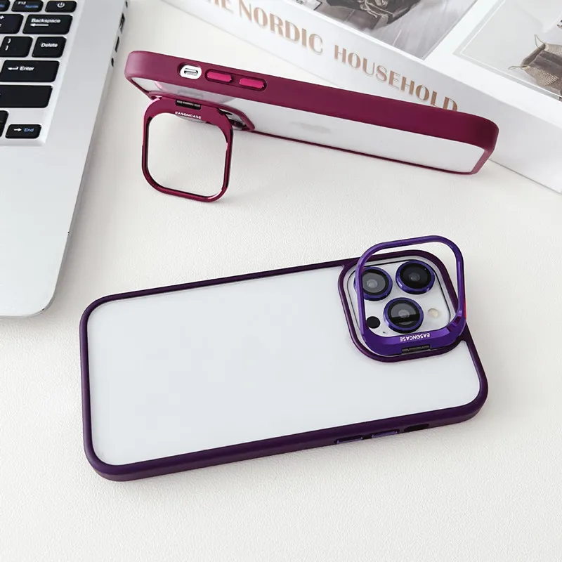 Luxury Alloy Lens Film Protection With Holder Phone Case For iPhone 12 13 15 Pro Max 15 14 Plus Acrylic Transparent Back Cover