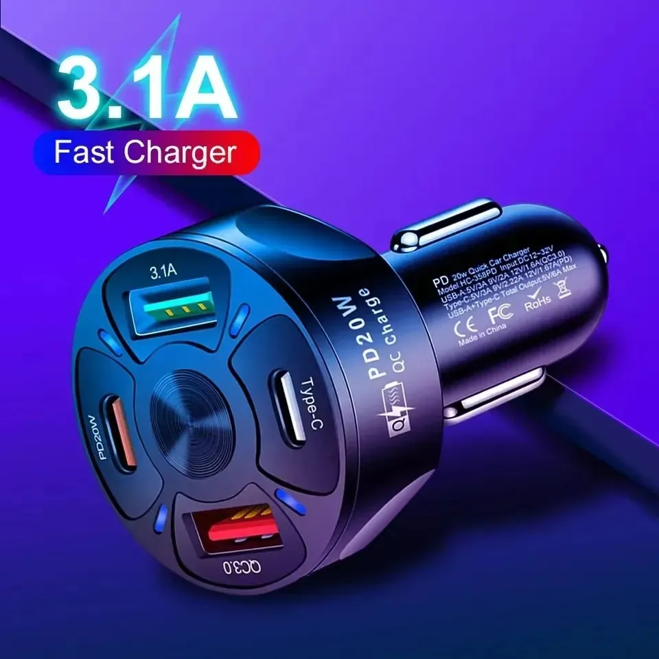 Dual PD USB C Car Charger Fast Charging PD20W 4 Port QC3.0 Type C Fast Charger For iPhone 15 Samsung Xiaomi Moto Car Phone Charger