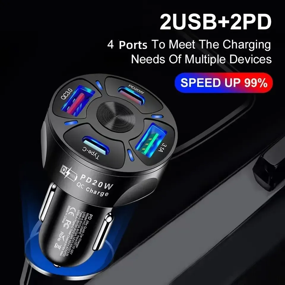 Dual PD USB C Car Charger Fast Charging PD20W 4 Port QC3.0 Type C Fast Charger For iPhone 15 Samsung Xiaomi Moto Car Phone Charger