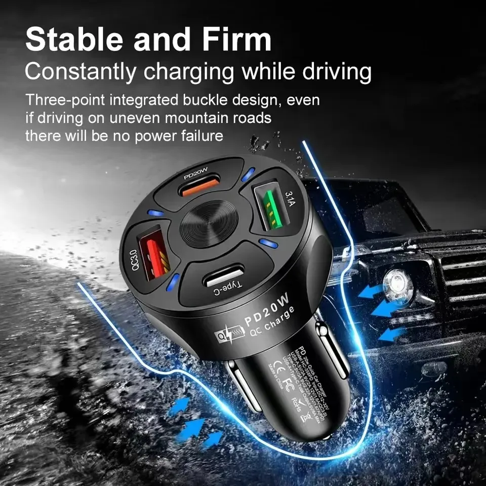 Dual PD USB C Car Charger Fast Charging PD20W 4 Port QC3.0 Type C Fast Charger For iPhone 15 Samsung Xiaomi Moto Car Phone Charger