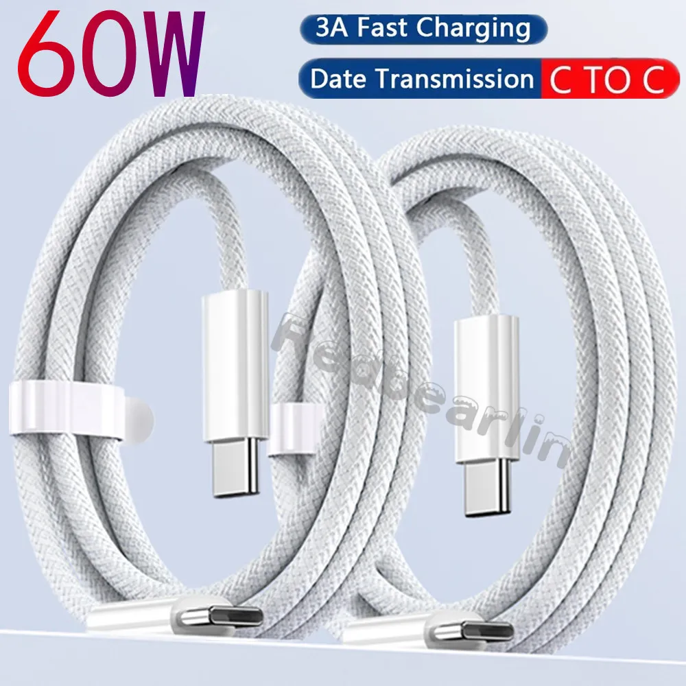 1M 2M 3M 60W Fabric Nylon 3A Type c to type c PD Cable USB C C-C Cables For Samsung S20 S22 S23 Xiaomi Huawe Phone