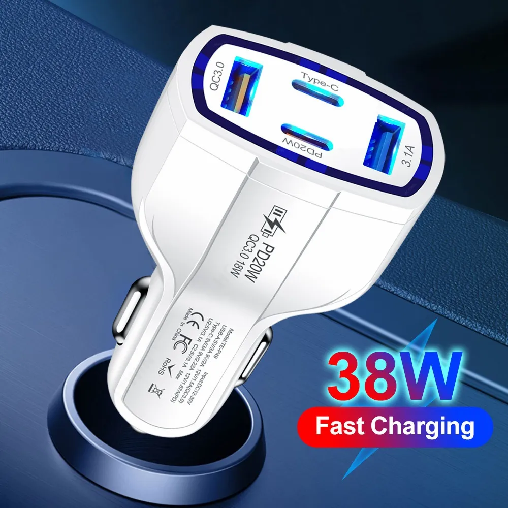 53W Fast Quick Charger 4 Ports USB C PD Car Charger Vehicle Type c 20W Car Chargers For IPad Iphone 13 14 15 Pro Samsung S22 S23 S24 htc Android phone pc mp3