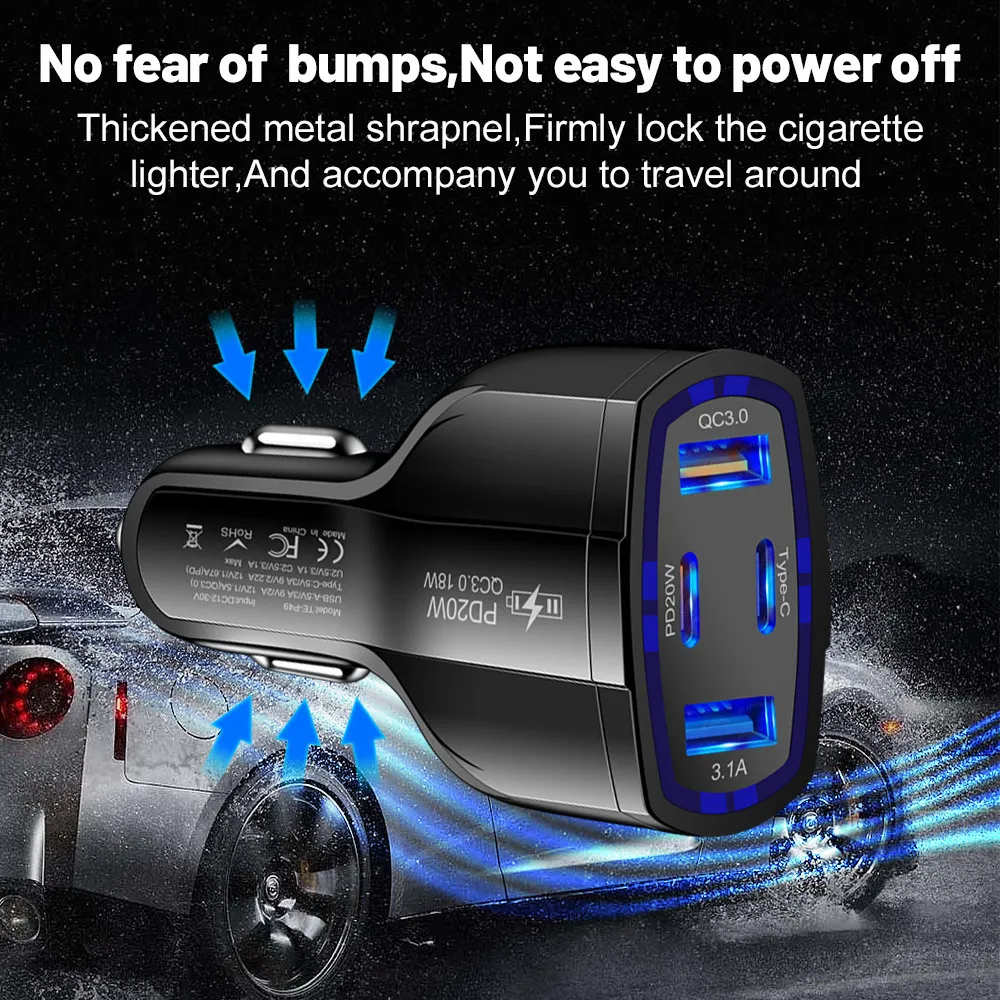 53W Fast Quick Charger 4 Ports USB C PD Car Charger Vehicle Type c 20W Car Chargers For IPad Iphone 13 14 15 Pro Samsung S22 S23 S24 htc Android phone pc mp3