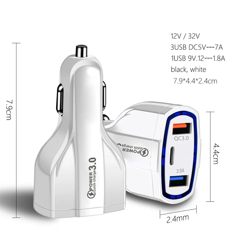 Cell Phone Chargers QC 3.0 Vehicle Car Charger Type C PD 35W 7A Fast USB-C Charge Quick Charging Plug 3 Ports Adapter For Android Samsung GPS MP3 Universal