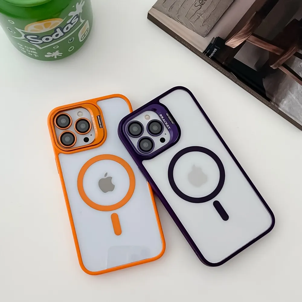 Magnetic Stand Lens Metal Ring Phone Case For iPhone 15 Pro Max 11 12 13 14 Lens Glass Film Protection Transparent Magsafe Cover