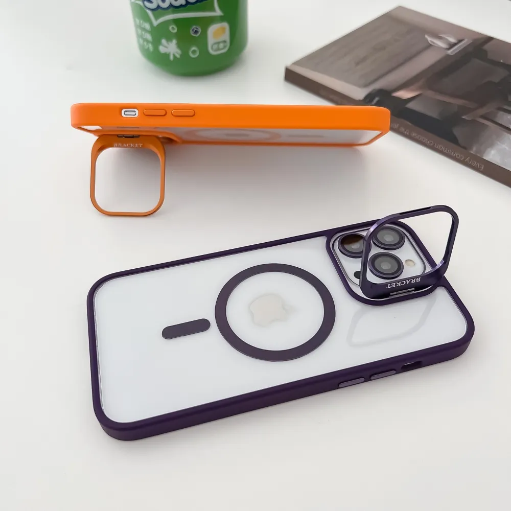 Magnetic Stand Lens Metal Ring Phone Case For iPhone 15 Pro Max 11 12 13 14 Lens Glass Film Protection Transparent Magsafe Cover