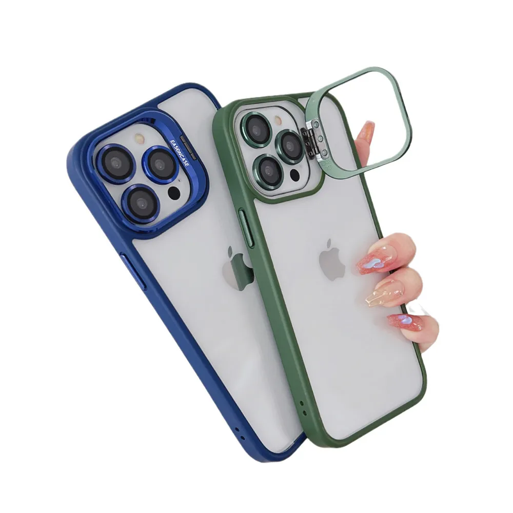 Invisible Metal Holder Cases Transparent TPU Phone Case For iPhone 15 Pro Max 14 13 12 11 Camera Lens Protective Film Phone Cover