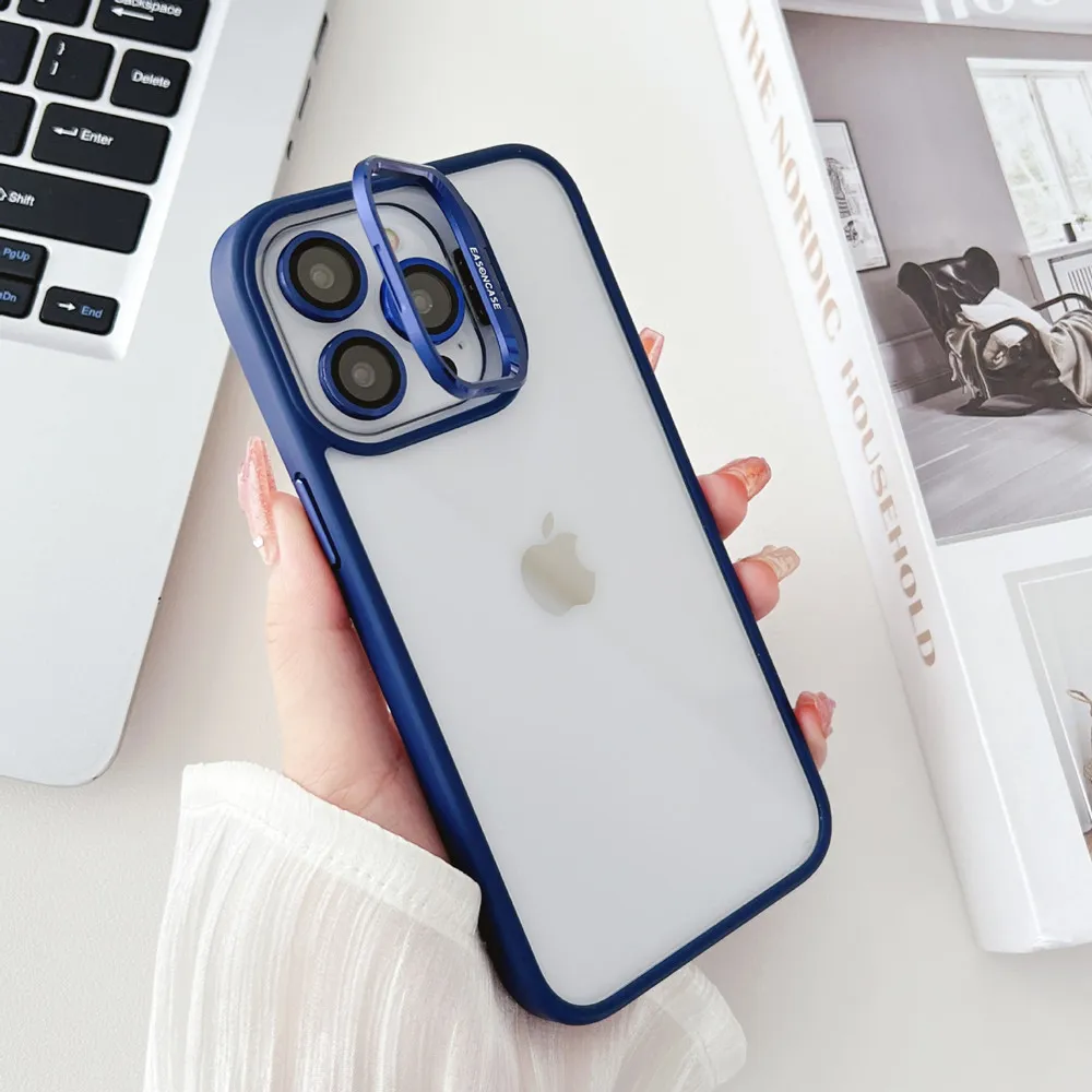 Invisible Metal Holder Cases Transparent TPU Phone Case For iPhone 15 Pro Max 14 13 12 11 Camera Lens Protective Film Phone Cover