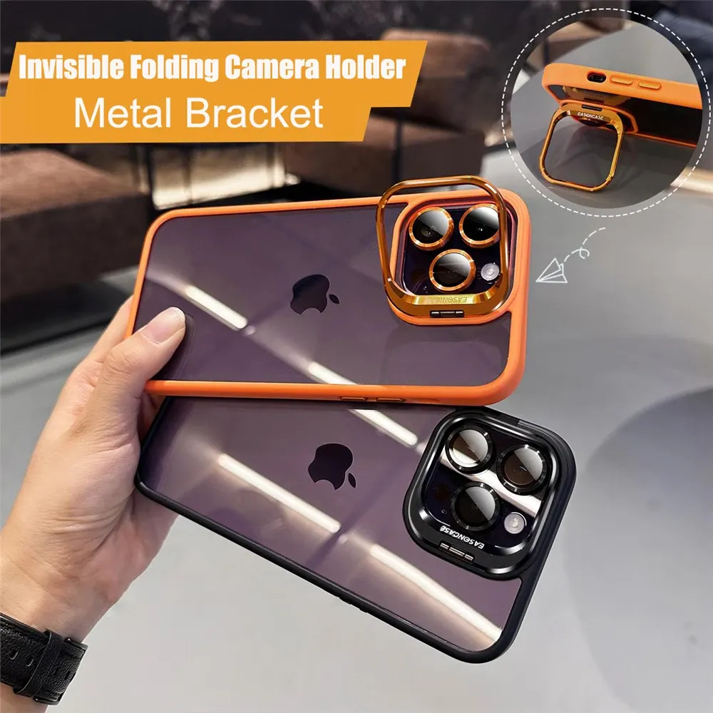 Metal Camera Protection Ring Lens Stand Case for iPhone 15 14 13 12 Pro Max 11 Transparent Soft Bumper Shockproof Cover