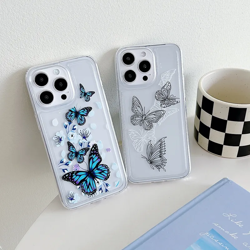 Butterfly Rose Flower Soft TPU Cases For iPhone 15 Plus 14 Pro Max 13 12 11 Fashion Transparent Clear Silicone Men Women Shockproof Cell Phone Back Cover Coque Skin