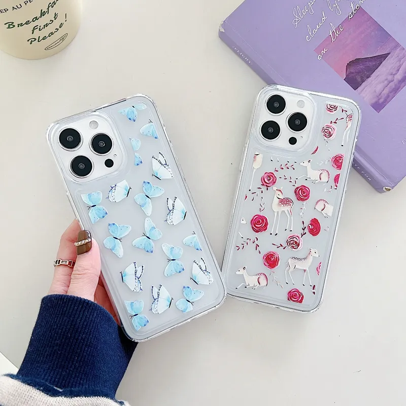 Butterfly Rose Flower Soft TPU Cases For iPhone 15 Plus 14 Pro Max 13 12 11 Fashion Transparent Clear Silicone Men Women Shockproof Cell Phone Back Cover Coque Skin